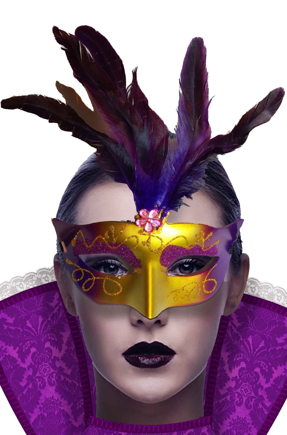 Maschera di carnevale stile veneziano adulto viola ed oro con piume