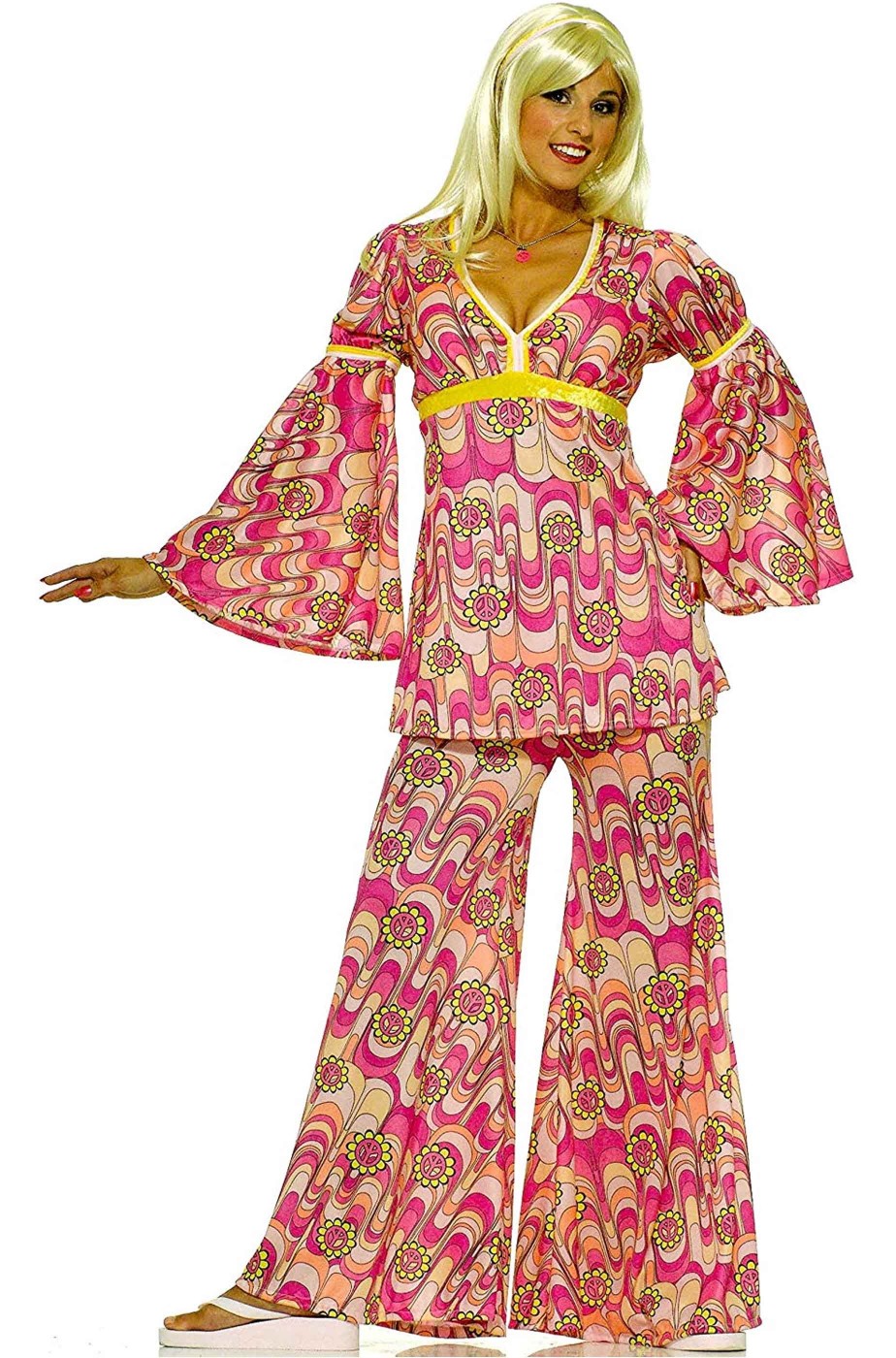 Vestito di carnevale donna anni 70 fantasia a fiori pantalone a zampa