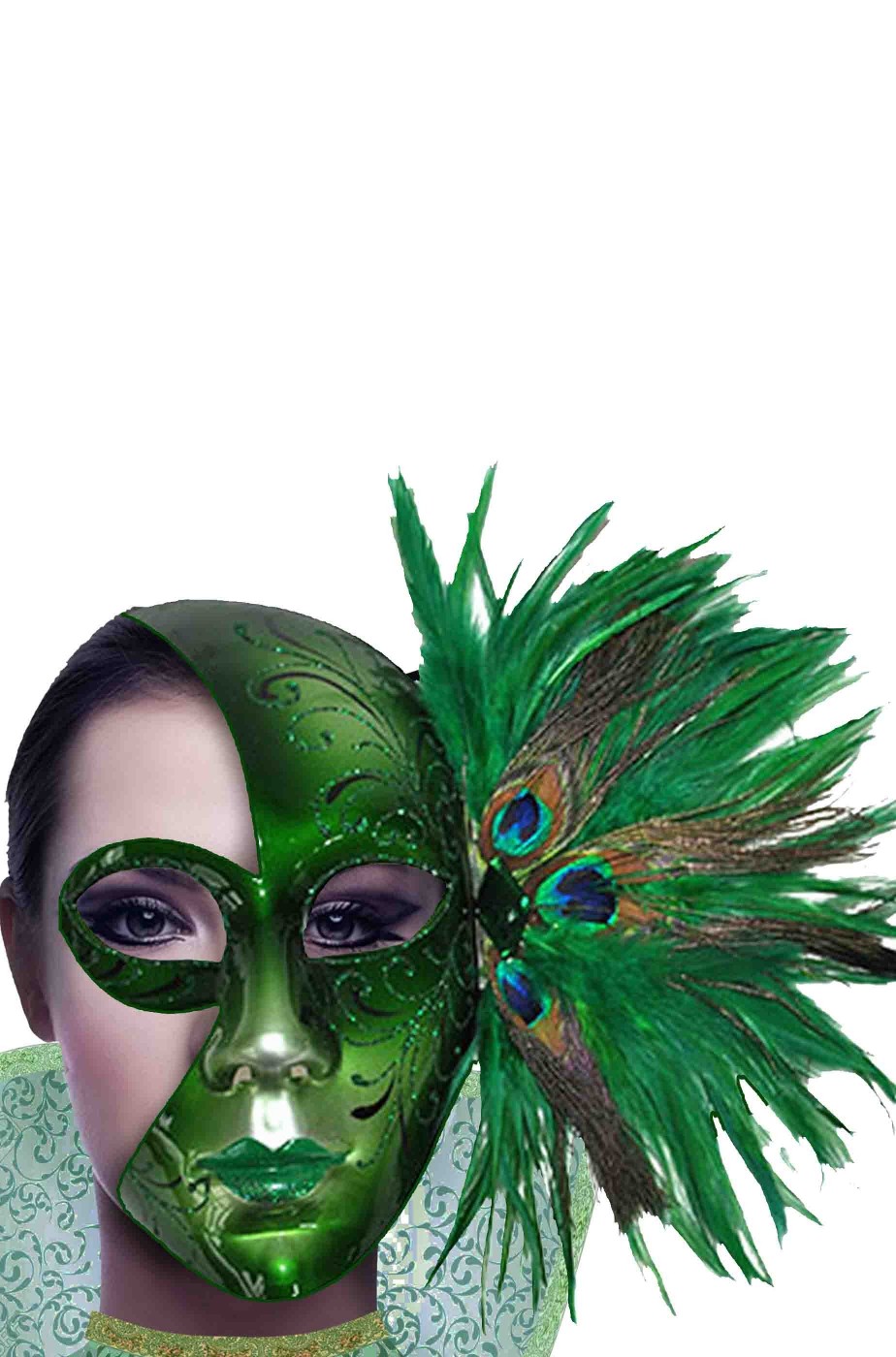 Maschera di carnevale verde con piume di pavone