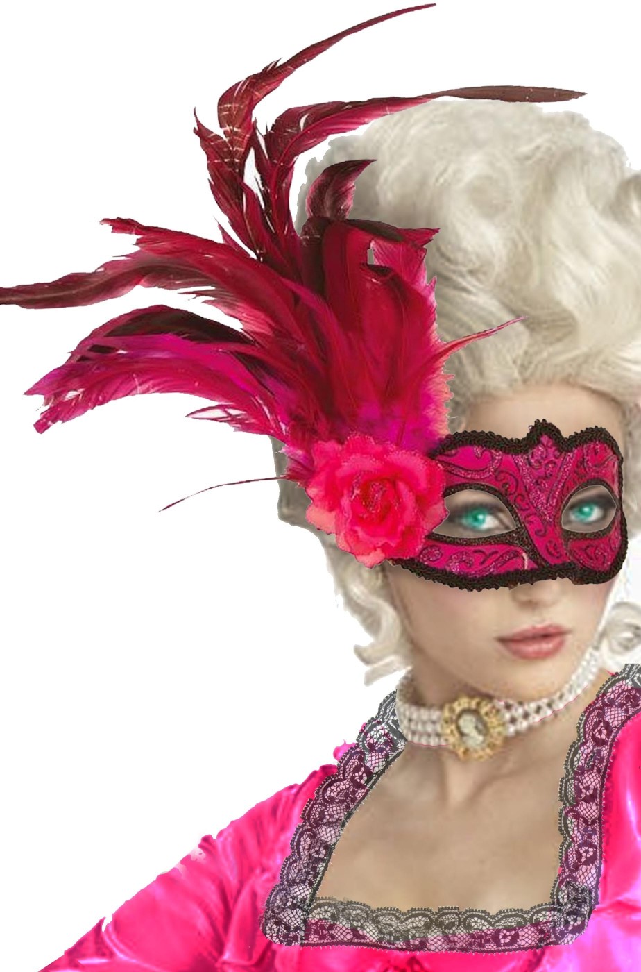 Maschera di carnevale da donna rosa veneziana con piume e fiore