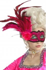 Maschera di carnevale veneziana rosa con piume