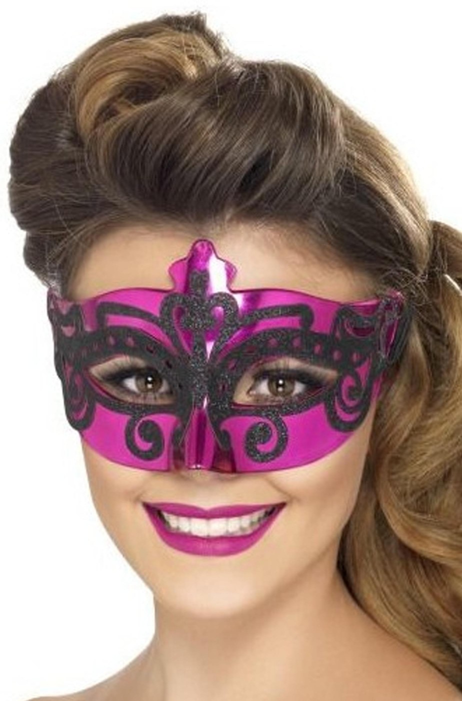 Maschera stile veneziano rosa con decorazione a brillantini