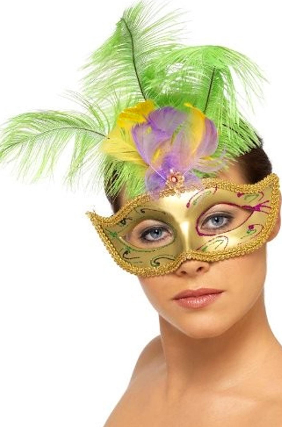 Maschera di carnevale veneziano color oro con piume verdi