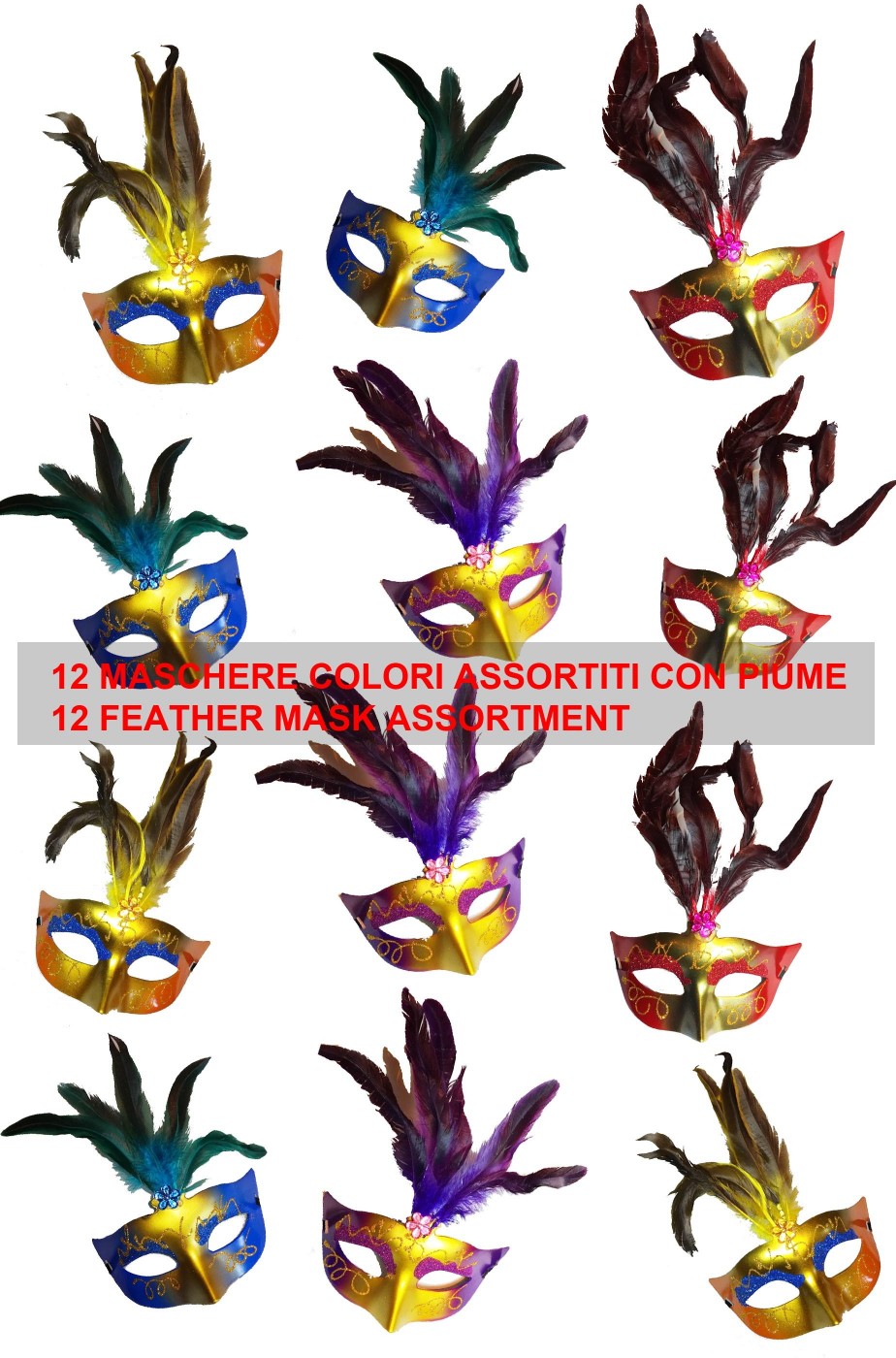 Assortimento maschere di carnevale veneziane con piume per festa 12 pezzi