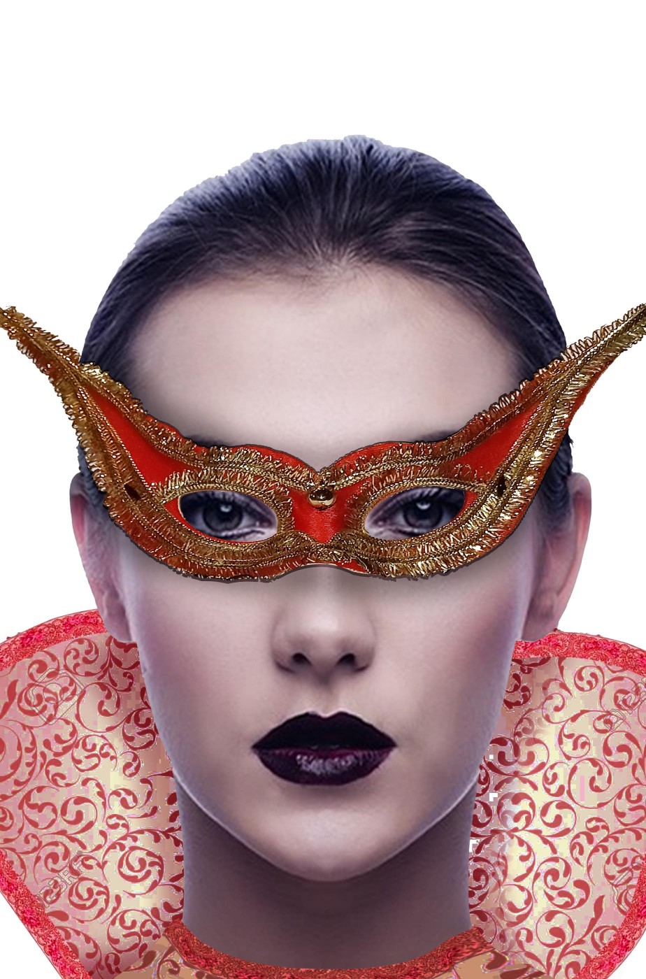 Maschera carnevale veneziano da donna rossa e oro occhi di gatto lunga