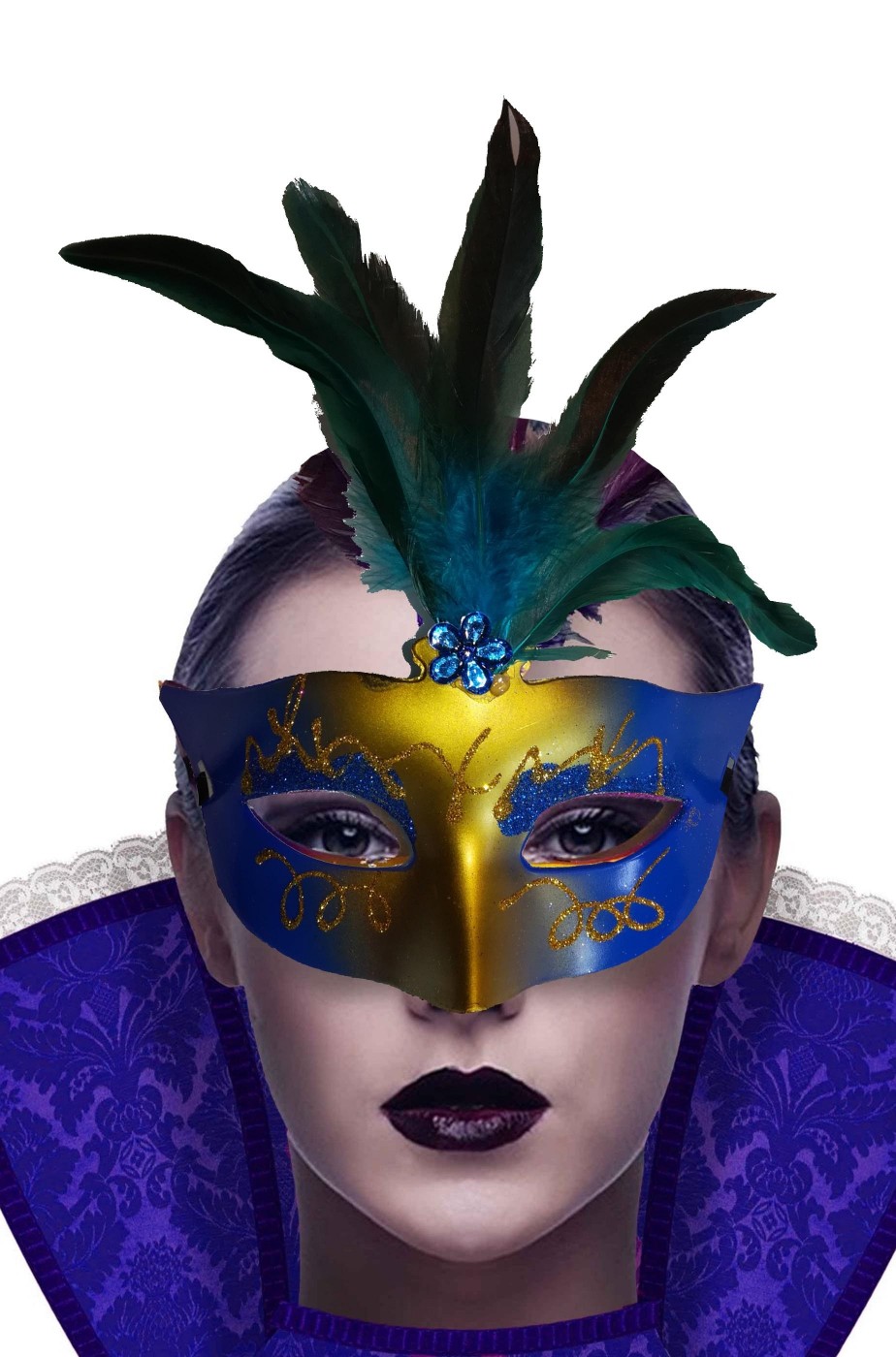 Maschera di carnevale economica blu e oro con piume