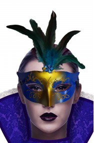 Maschera di carnevale economica blu e oro con piume
