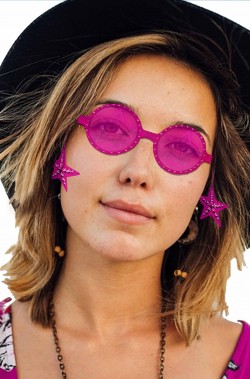 Occhiali anni 70 rotondi rosa con orecchini