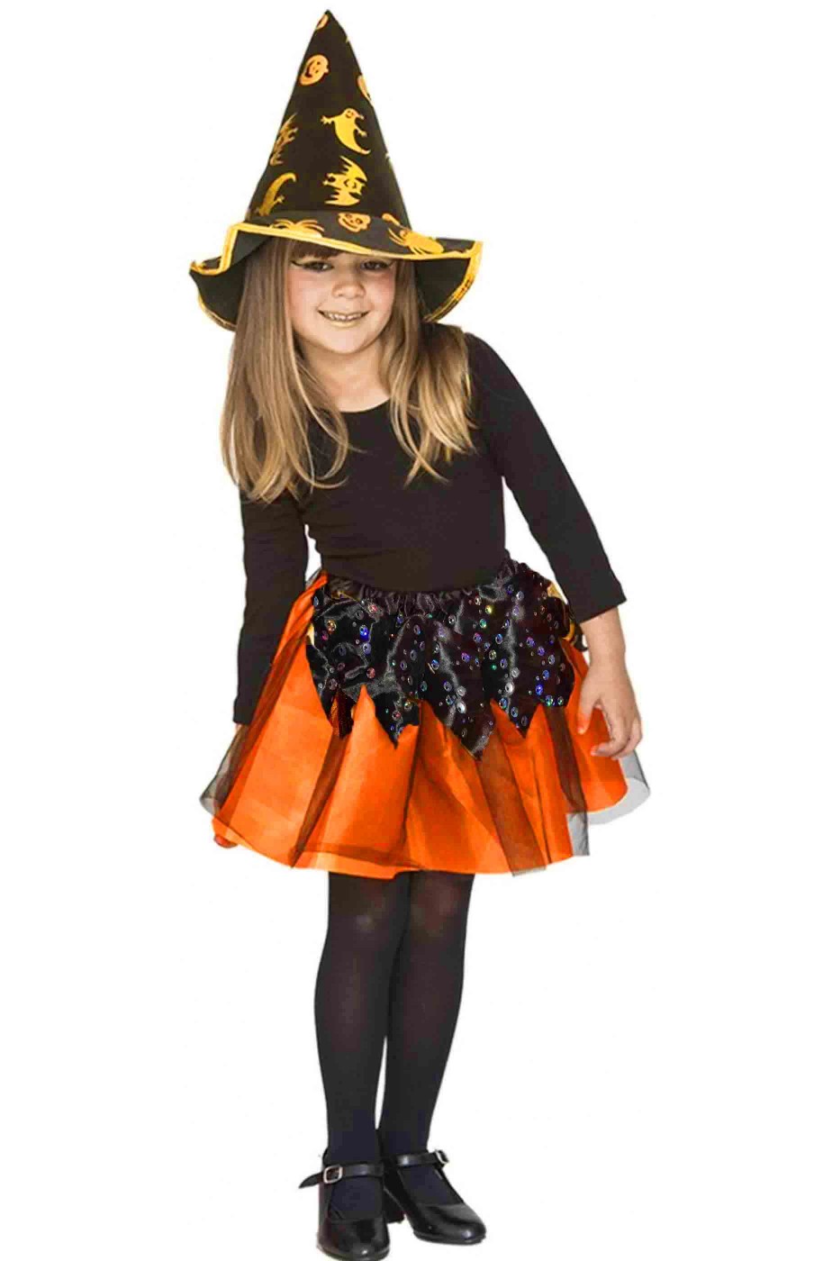 Halloween - Vestito carnevale Strega con Cappello per bambine, Arancione,  5-7 anni