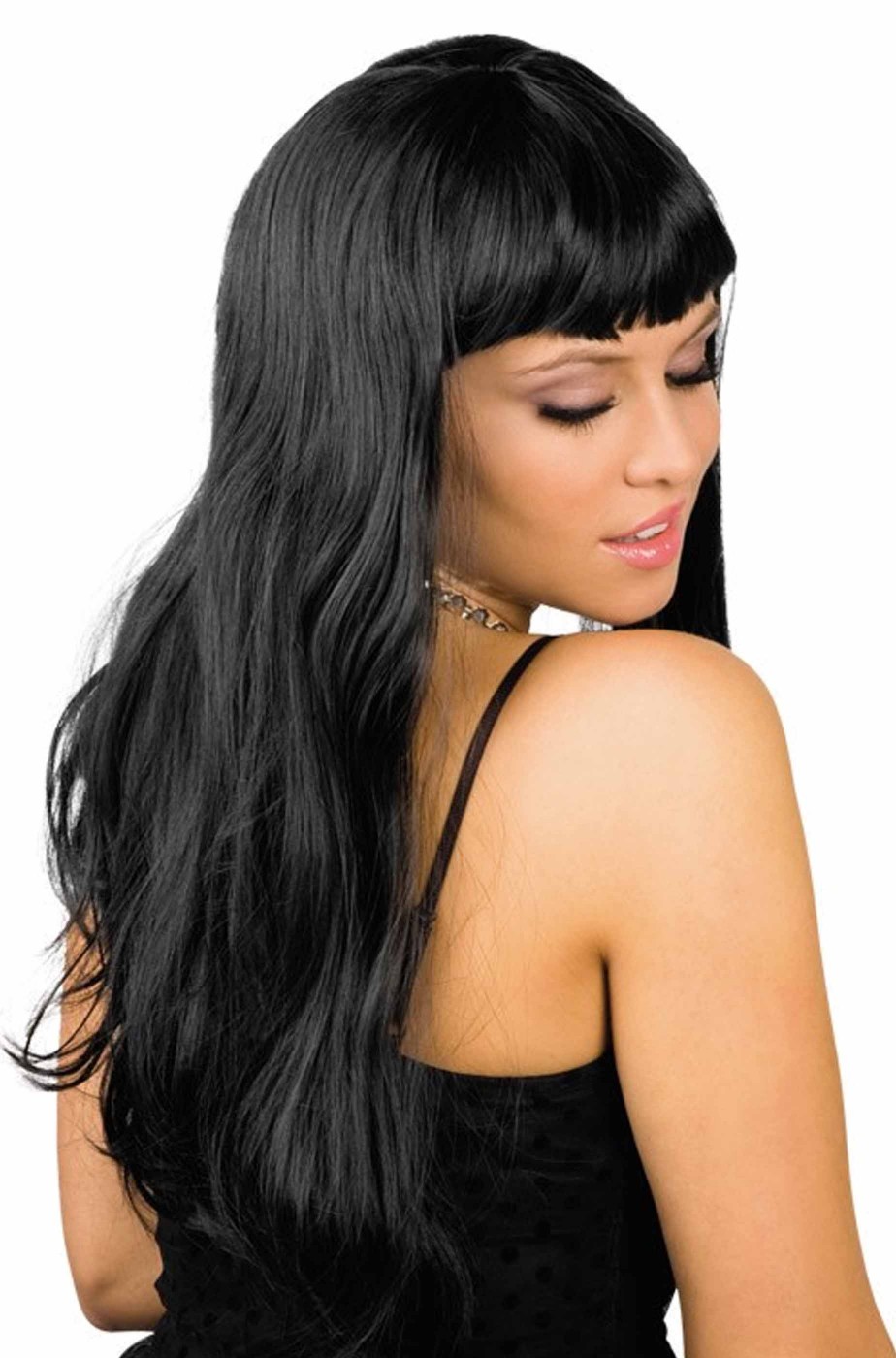 Parrucca donna nera lunga liscia con frangia