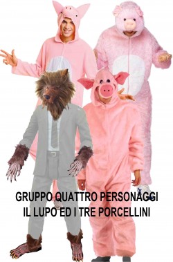 Gruppo costumi carnevale il Lupo e Tre Porcellini quattro personaggi