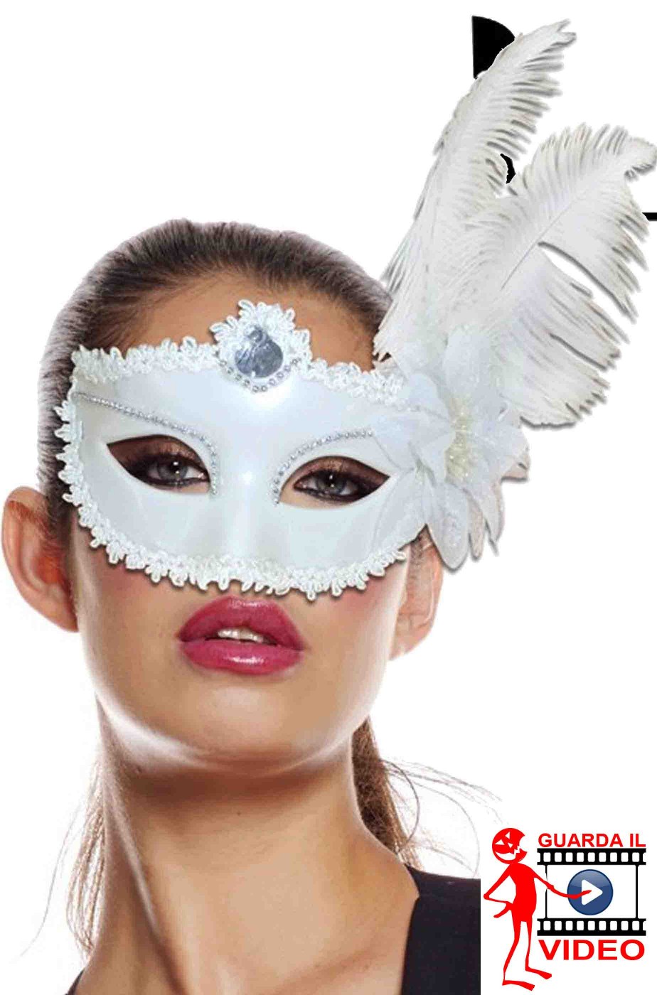 Maschera di carnevale elegante bianca con piuma