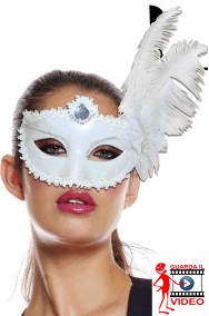 Maschera di carnevale elegante bianca con piuma