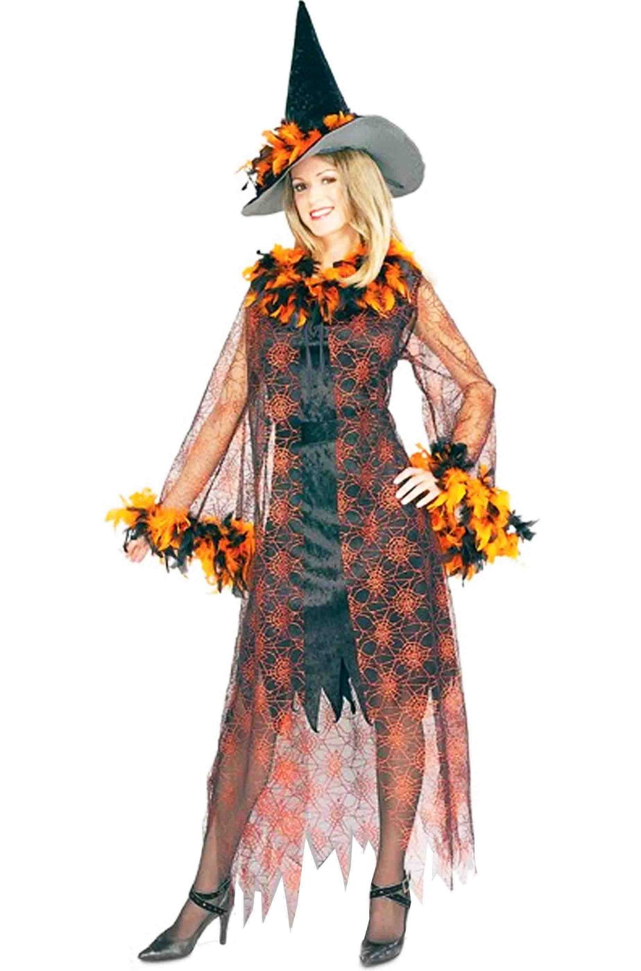 Costume Halloween donna strega arancione piumata Costume Halloween donna strega arancione piumata