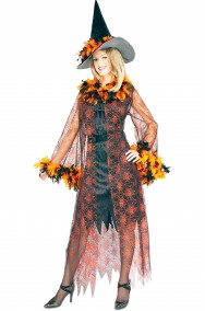 Costume Halloween donna strega arancione piumata