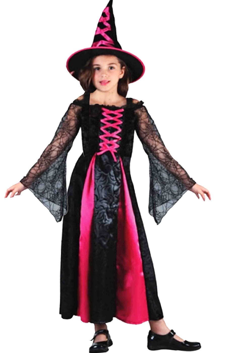 Costume di Halloween da bambina lungo strega nera e rosa Costume di Halloween da bambina lungo strega nera e rosa