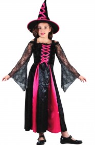 Costume di Halloween da bambina lungo strega nera e rosa