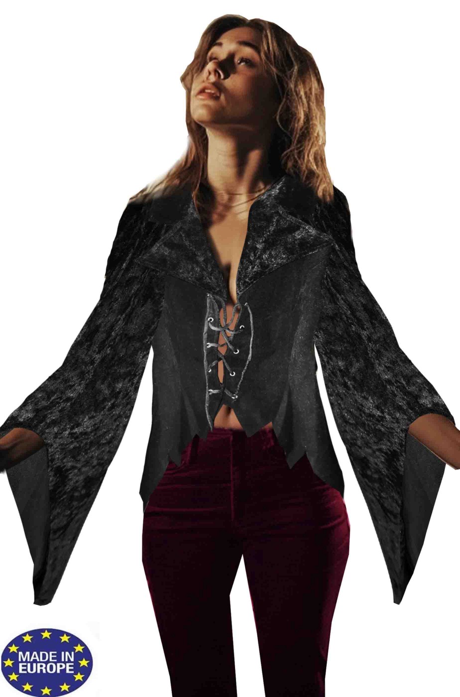 Camicia nera medievale da donna con maniche svasate grandi Camicia nera medievale da donna con maniche svasate grandi