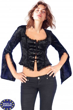Camicia nera corta da donna con laccetti e maniche svasate