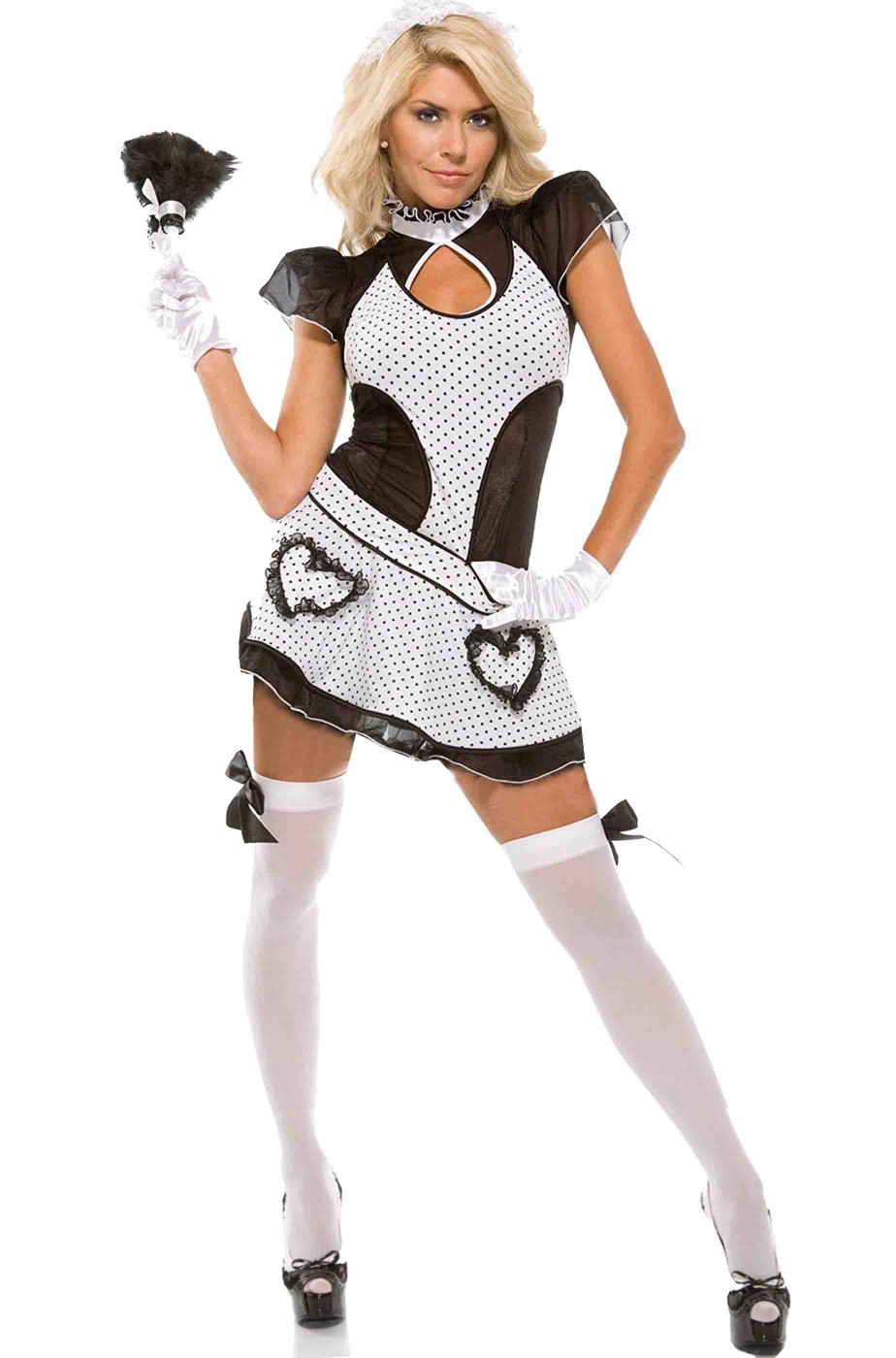 Costume da cameriera bianca e nera con cuori Costume da cameriera bianca e nera con cuori