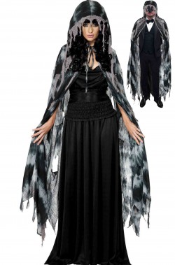 Mantello medievale con frange grigio e nero