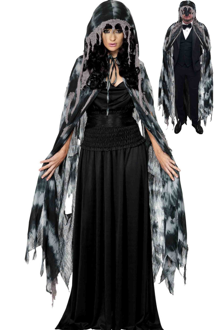 Mantello medievale con frange grigio e nero