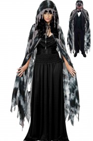 Mantello medievale con frange grigio e nero