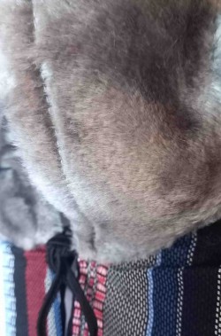 Dettaglio della pelliccia sintetica grigia del costume eschimese donna