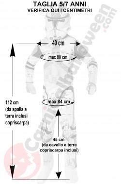 Misure del vestito di carnevale guardia imperiale Clone Trooper Star Wars taglia 5 7 anni