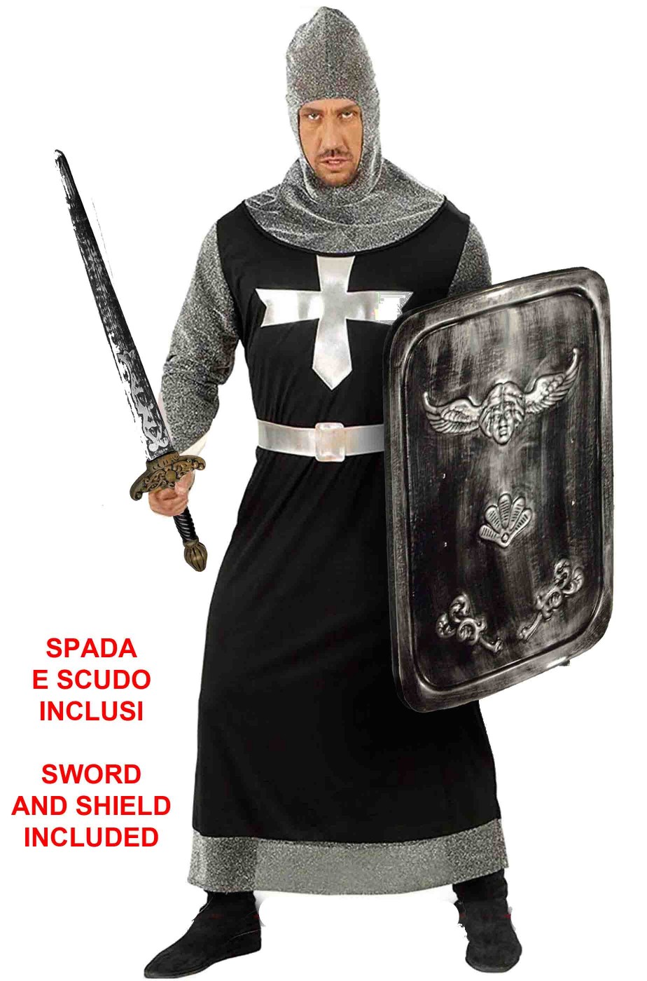Costume carnevale da re o cavaliere medievale o crociato nero