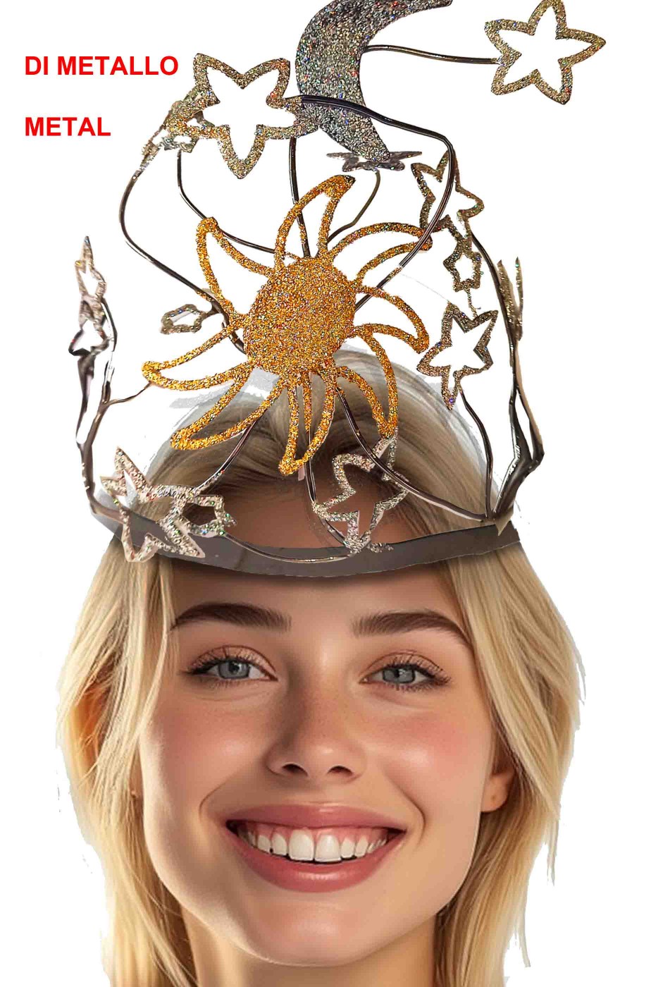 Corona di metallo con sole luna e stelle