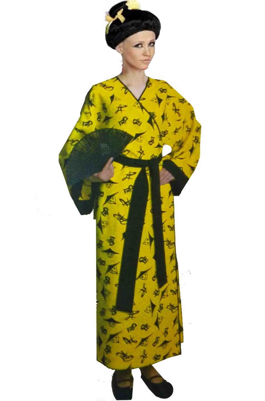 Kimono giapponese da donna giallo e nero con ideogrammi