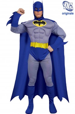 Costume di Batman grigio e blu con muscoli e cintura di gomma