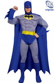Costume di Batman grigio e blu con muscoli e cintura di gomma