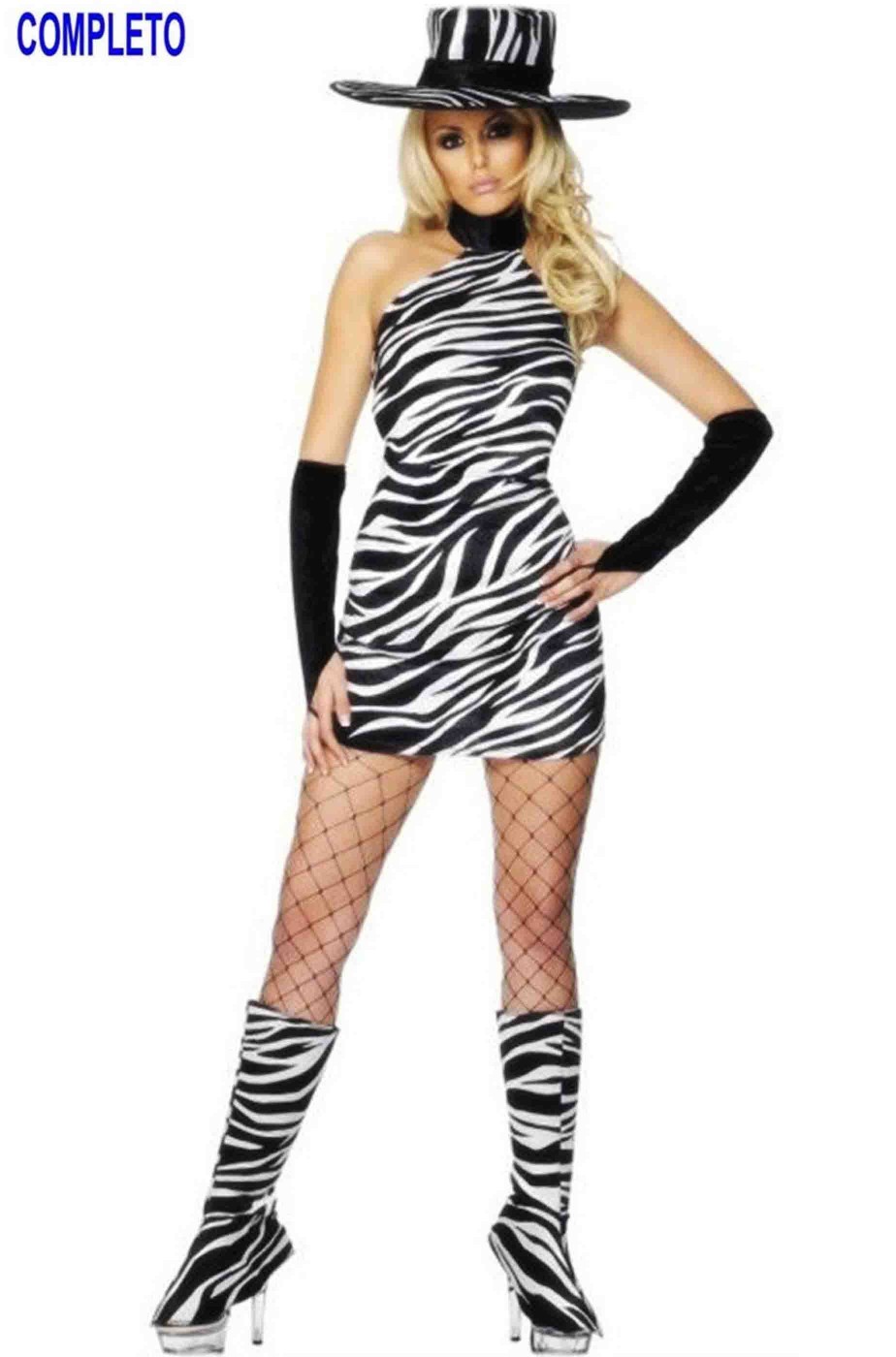 Vestito zebrato da donna con cappello guanti e copriscarpa