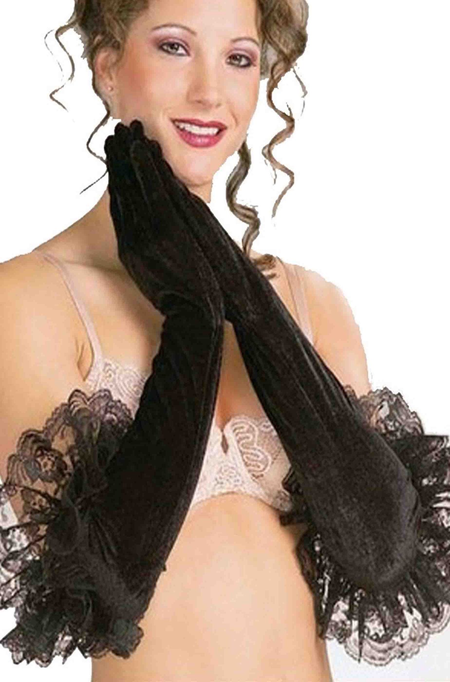 Guanti lunghi neri di ciniglia con bordatura di pizzo