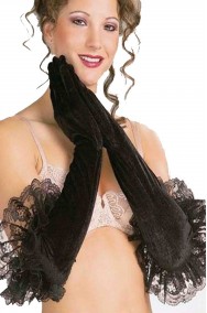 Guanti lunghi neri di ciniglia con bordatura di pizzo