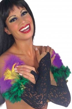 Guanti lunghi da donna di pizzo con piume colorate