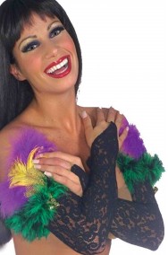 Guanti lunghi da donna di pizzo con piume colorate