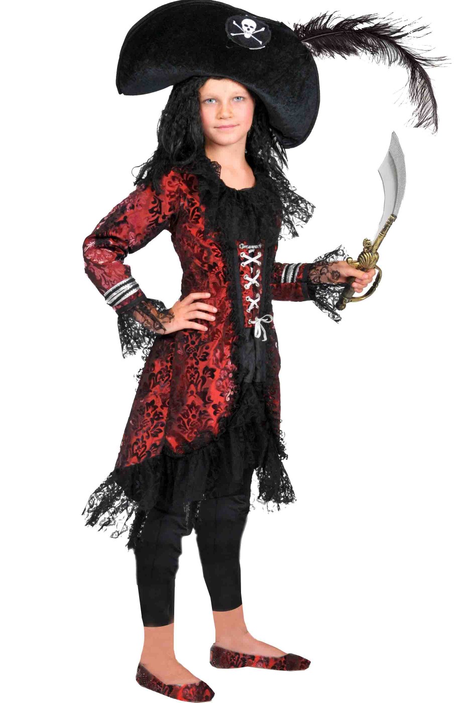 Costume da piratessa damascato rosso e nero