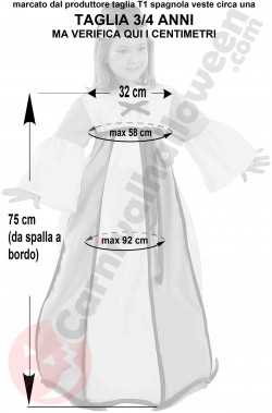 Misure del costume da principessa medievale bambina taglia 3 4 anni