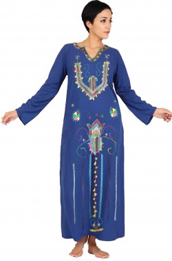 Costume donna messicana tunica a vestaglia blu con ricami colorati Maya