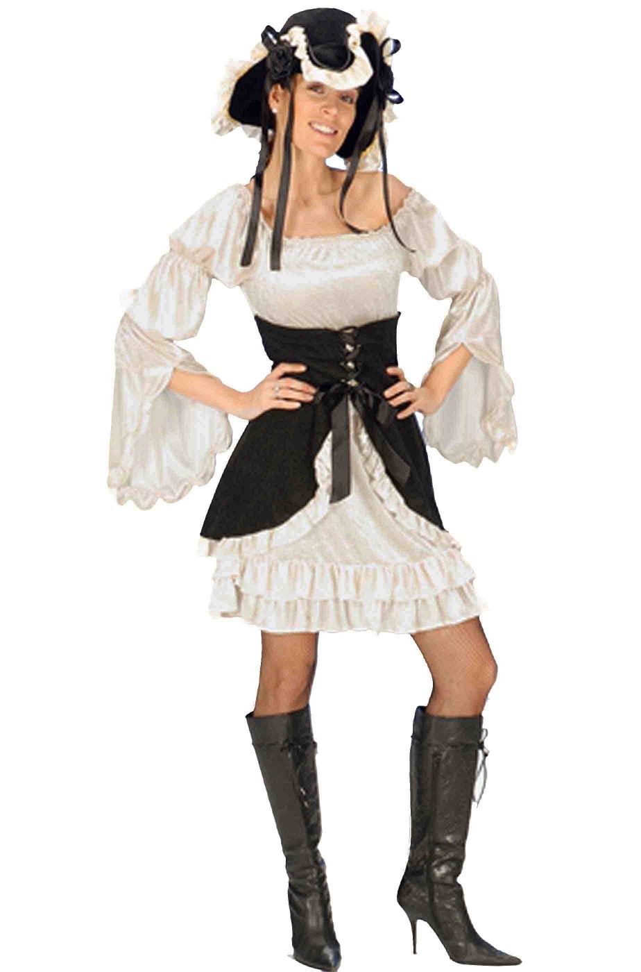Costume da piratessa bianca e nera con corpetto