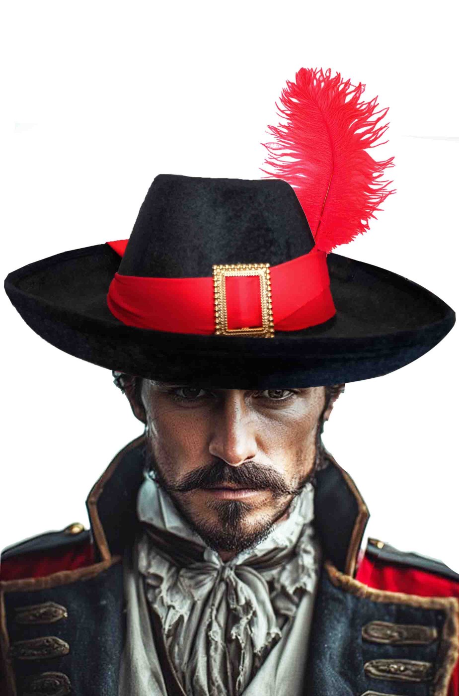 Cappello da moschettiere vellutato con piuma rossa