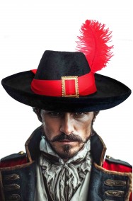 Cappello da moschettiere vellutato con piuma rossa
