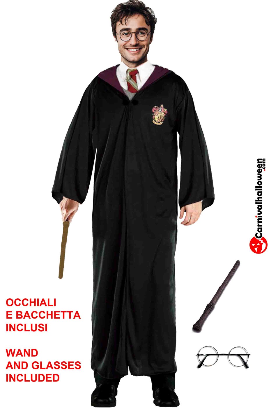 Harry Potter Hermione Tunica Grifondoro Adulto con bacchetta magica