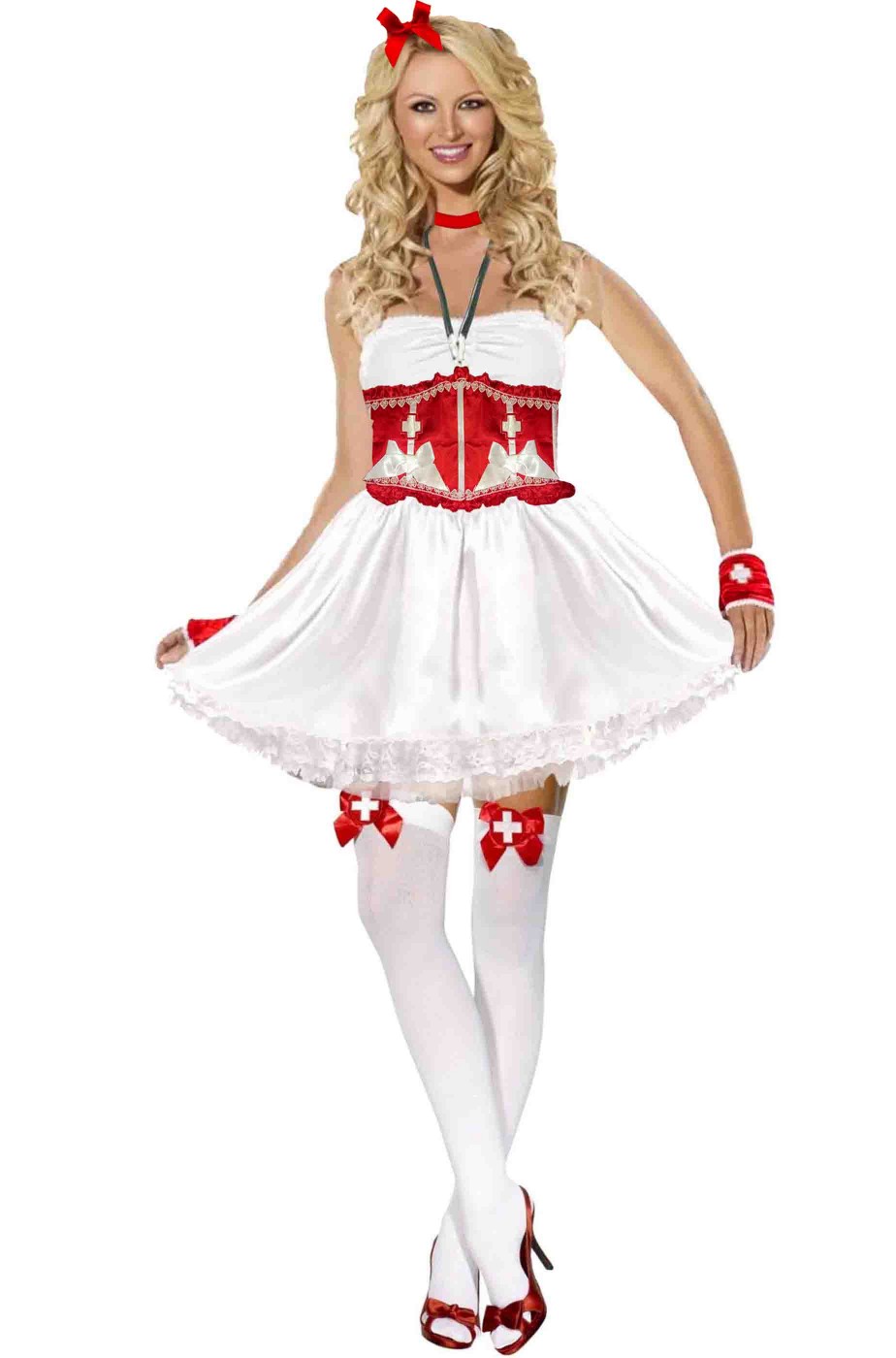 Costume da infermiera sexy bianca e rossa con tutu