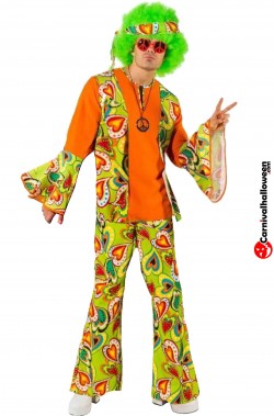 Costume anni 70 uomo hippie psichedelico verde e arancione