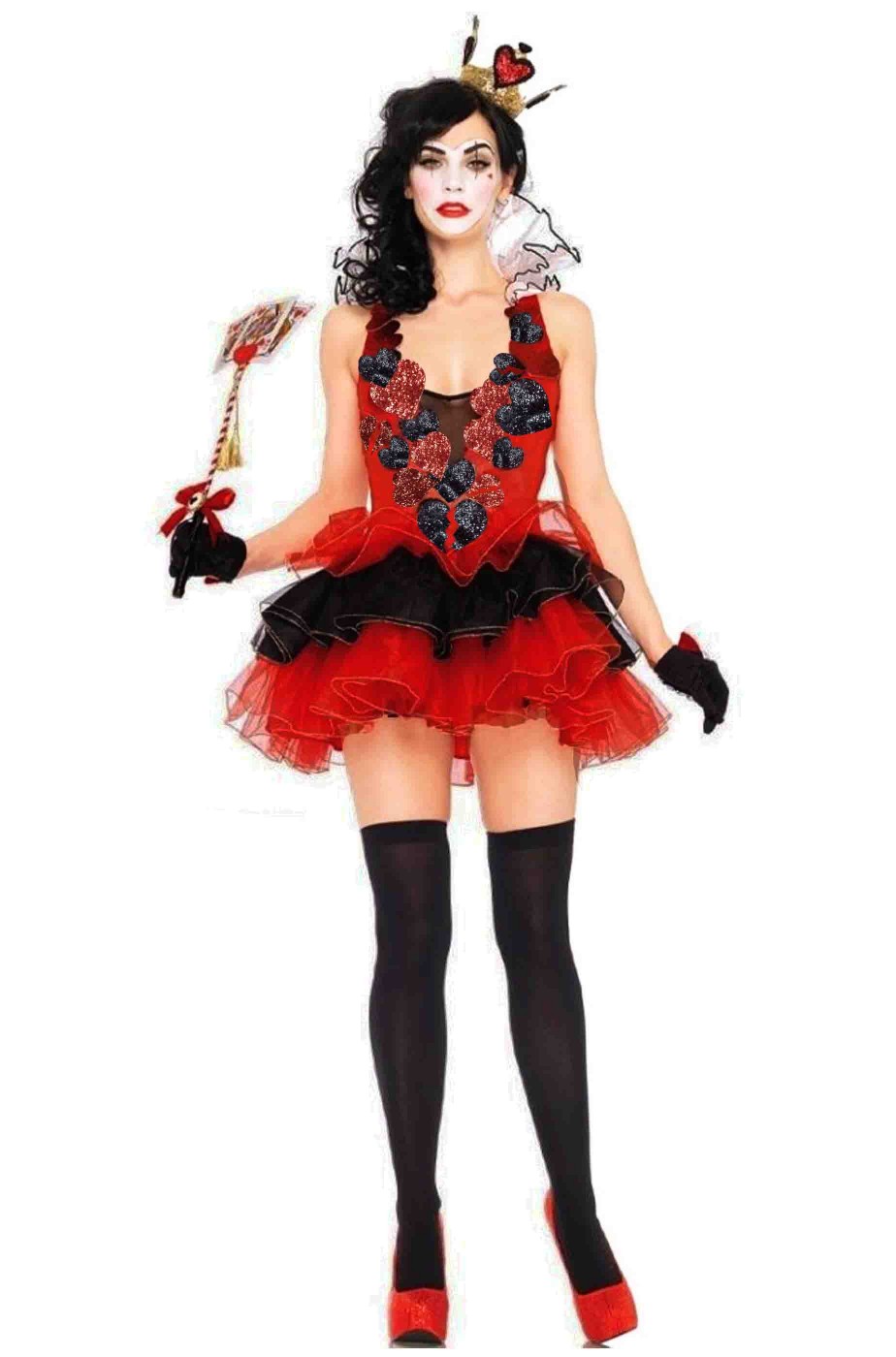Costume da Regina di Cuori di Alice con cuori interi e spezzati in rilievo