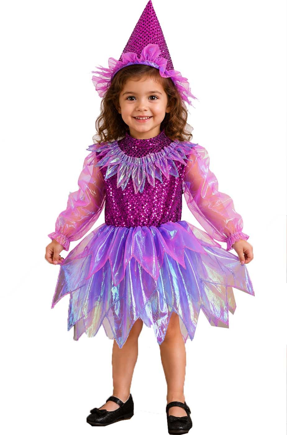 costume strega bambina ballerina viola con cappello